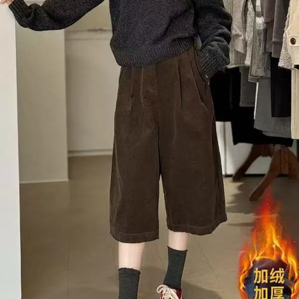 Vintage American Style Brown Wide Leg fleece-lined Capri Pants Women's Small High Waist Slimming plus size Corduroy Pants Autumn