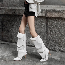 尖头细跟堆堆靴纽扣拼接裤管靴辣妹高跟长筒时装靴女不过膝靴子女