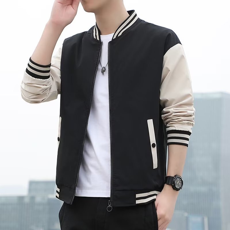 Men's Buttoned Trendy Youth Popular Zipper Outer Wear Baseball Collar Striped Neck Sleeve Long Sleeve Autumn Fashionable Jacket Men's Buttoned Trendy Youth Popular Zipper Outer Wear Baseball Collar Striped Neck Sleeve Long Sleeve Autumn Fashionable Jacket