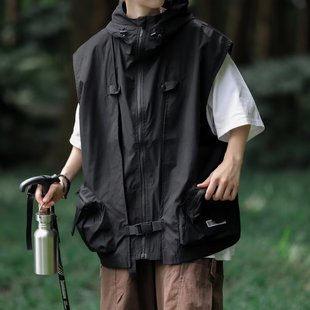 Japanese Style Vest Vest Hooded Work Jacket Men's Simple Handsome Wear Outdoor Functional Waistcoat Trendy Brand