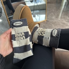 New fashion trendy brand autumn and winter thick thread double needle personalized hole striped cloth label letter sports style casual socks