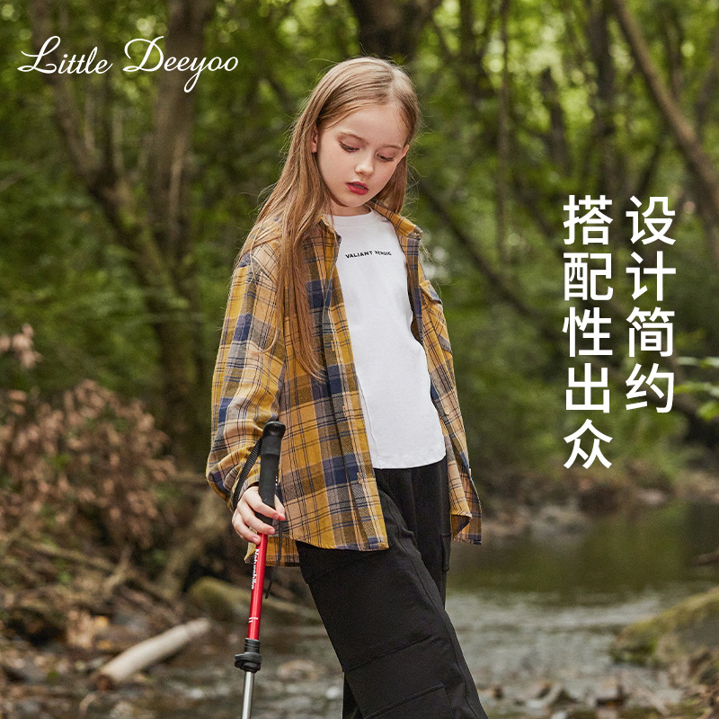 女童純棉襯衫2023秋季新款中大兒童復古格紋磨毛襯衣外套春秋裝