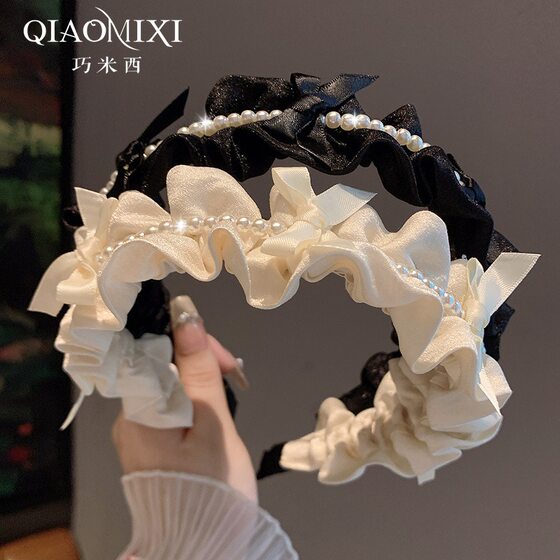 Chain Summer New Satin Ear Edge Pearl Hairband Elegant Sweet High Cranial Top Hairpin Simple All-match Headband