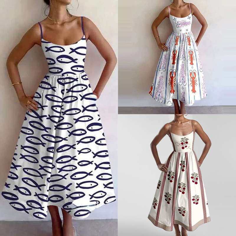 2026 Summer New Style Cross-Border European and American Foreign Trade Women's Fashion Printed Strap Pleated Waist-Cinching Long Dress