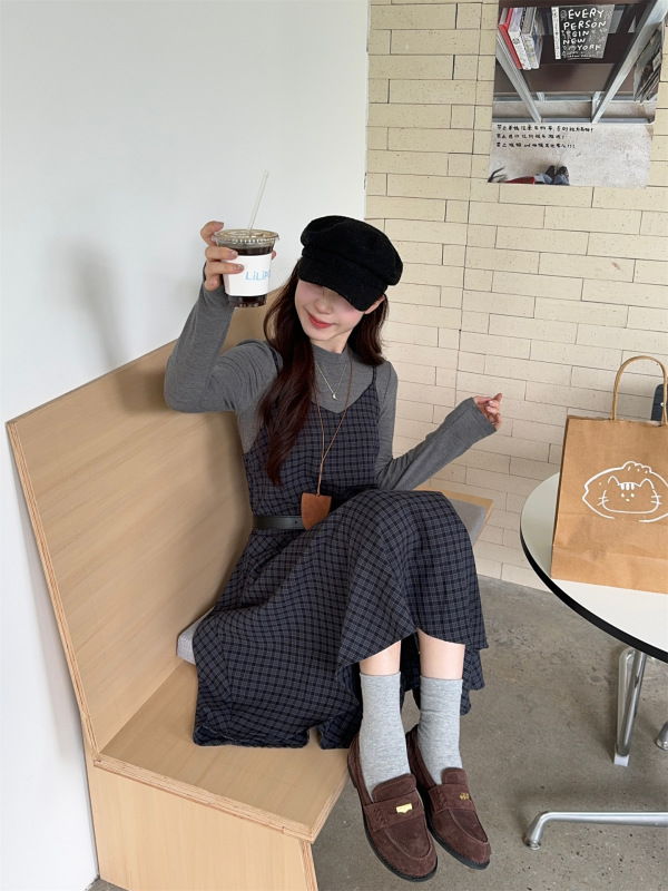 法式复古不规则格子吊带连衣裙长袖T恤女2025秋季新款时尚套装ins|undefined