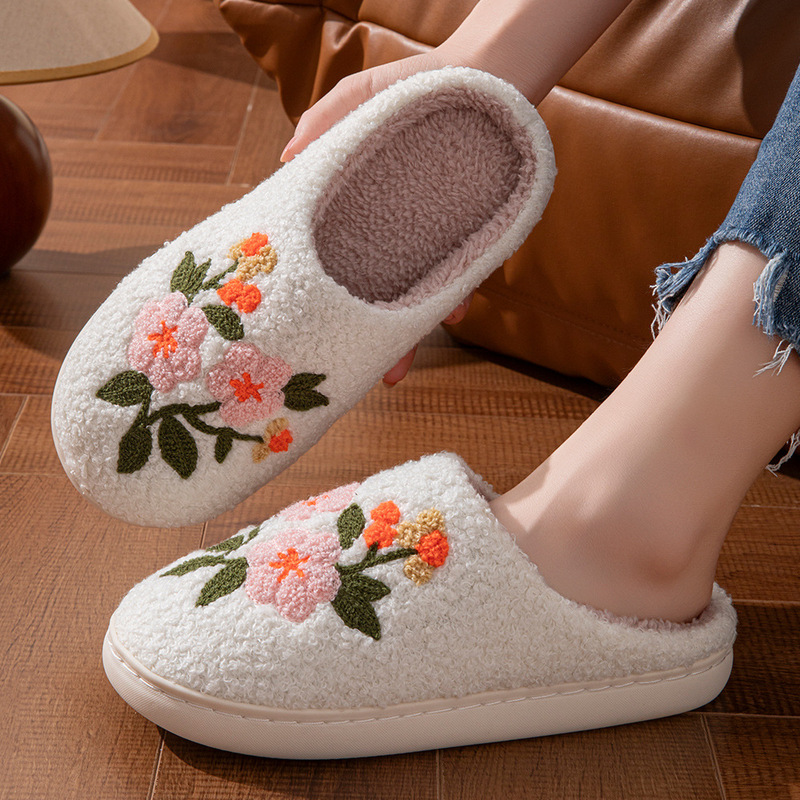Cross-Border Towel Embroidered Cotton Slippers for Women with Floral Design, Autumn and Winter Fleece-Lined, Non-Slip, Warm, Silent Plush Slippers for Men Wholesale