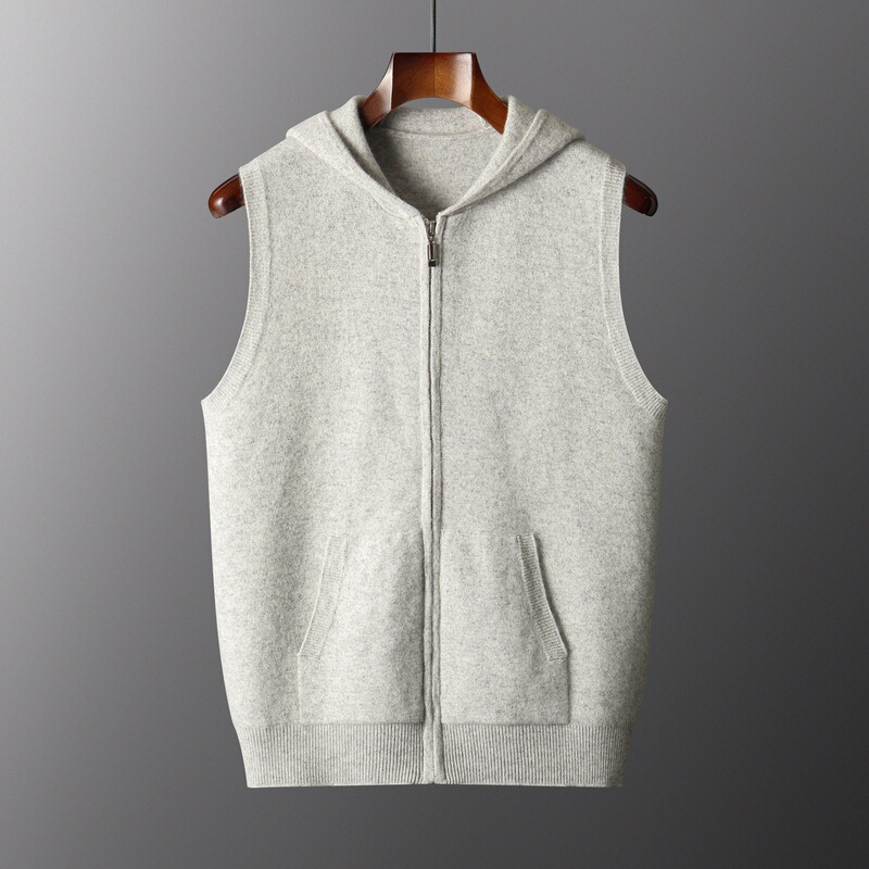 Men's 100% pure wool, thickened air-layered, hooded vest with pockets and zipper, fashionable and casual