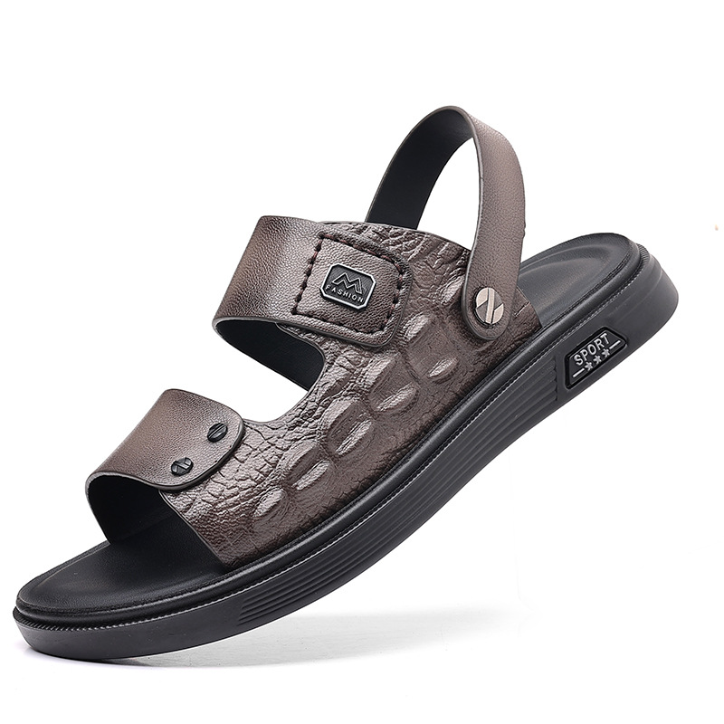 Sandalias de piel de oveja de primera capa para hombre, zapatos de playa de cuero genuino para exteriores, sandalias de cuero para hombre estilo papá a la moda, pantuflas para hombre.
