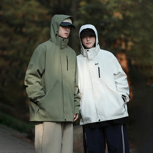 Spring and Autumn Men and Women Loose Fit Plus Size Solid Color Striped Waterproof Couple's Down Jackets with Detachable Hood, Sports and Leisure Outerwear