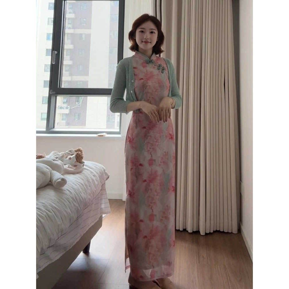 New Chinese Style Pink Sleeveless Cheongsam Dress Improved Young Girl's High-End and Gentle Elegant Long Skirt