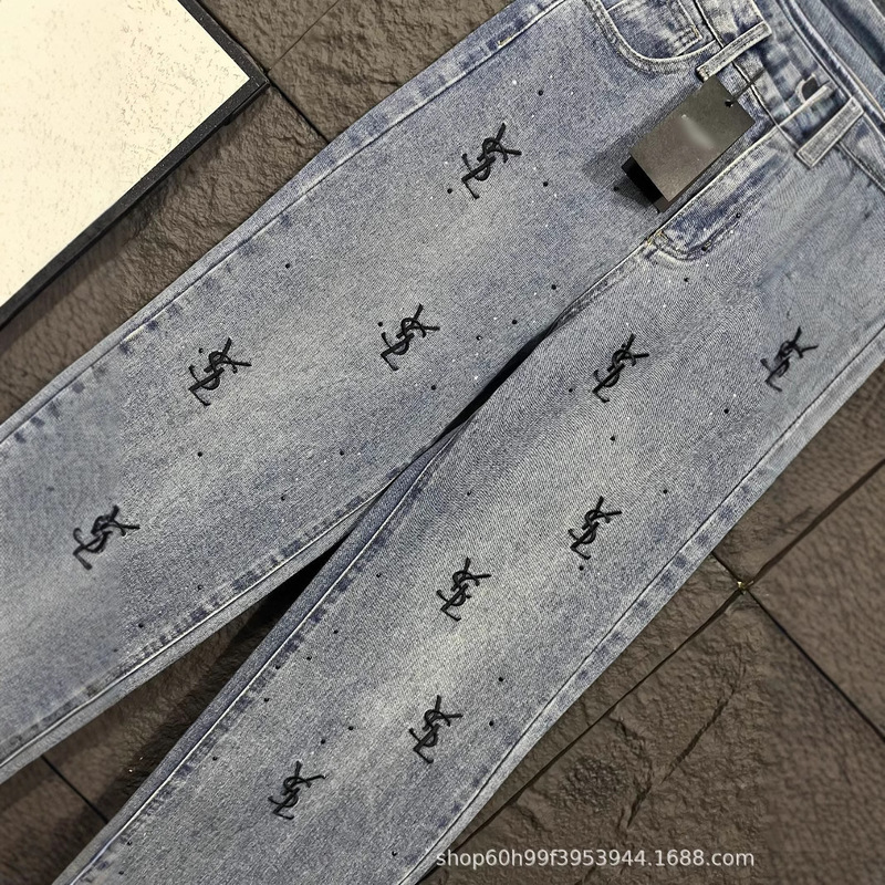 25春夏新作ニッチデザインヘビーデューティーウォッシュホットダイヤモンドレター刺繍ストレートジーンズ|undefined