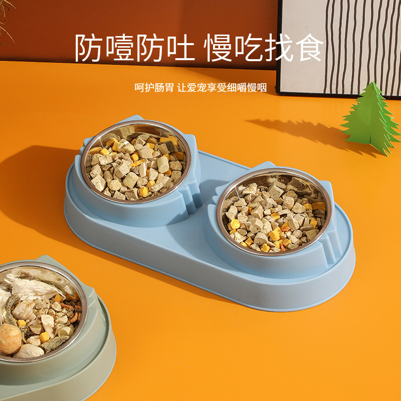 Transfronterizo nuevo tazón para mascotas al por mayor doble tazón cara de gato antidetonante de acero inoxidable Pet Bowl lindo gato tazón de arroz tazón de gato