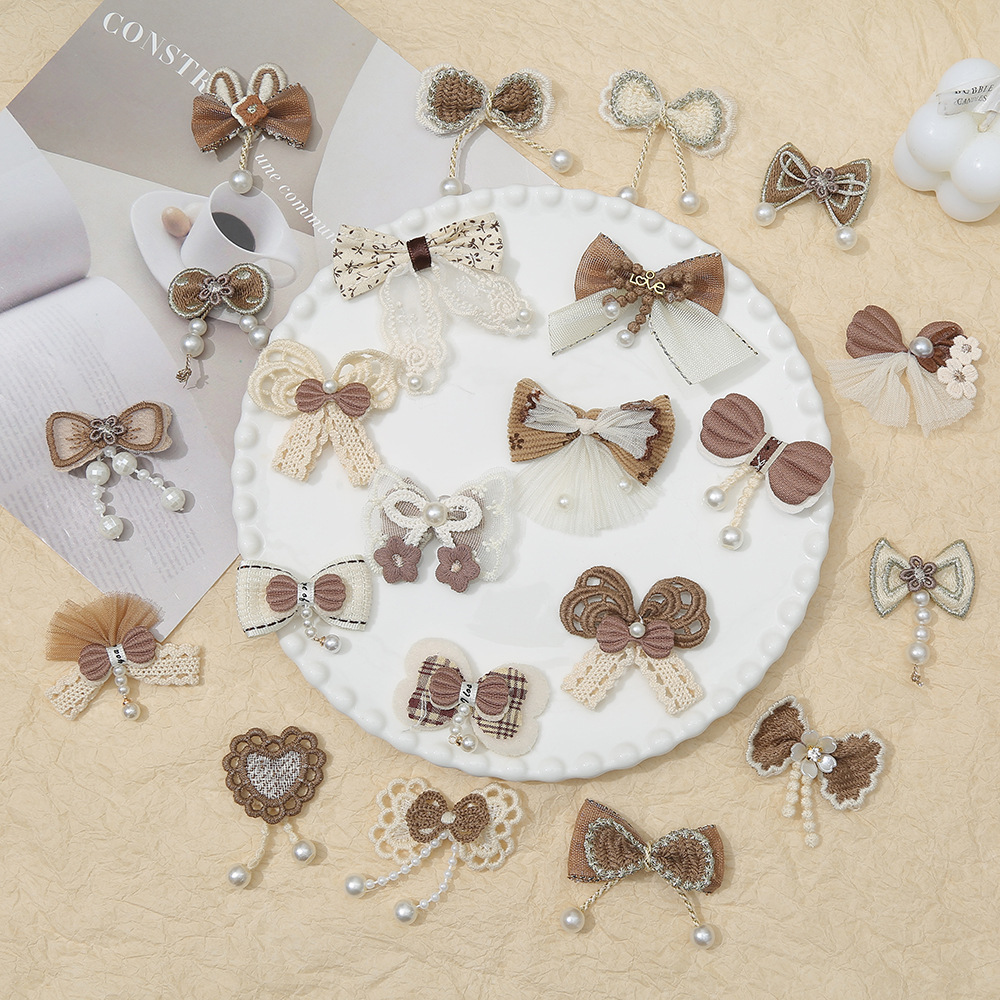 秋季奶咖布艺蕾丝流苏蝴蝶结布贴可diy发饰服饰饰品配件厂家直销