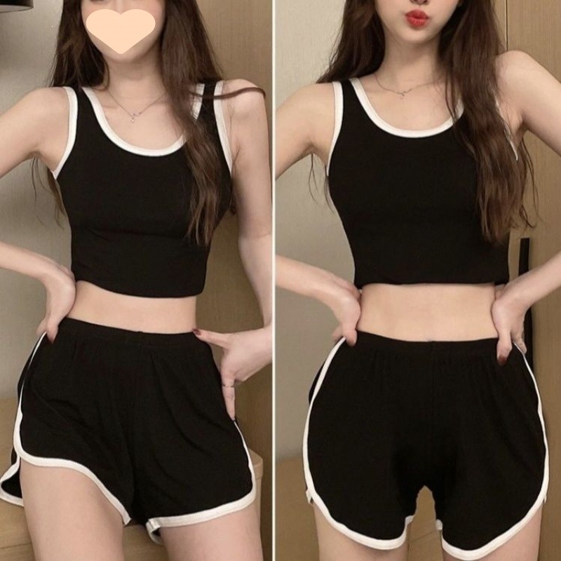 Women's sexy short casual high-waisted sportswear set + tank top and shorts summer yoga outfit set