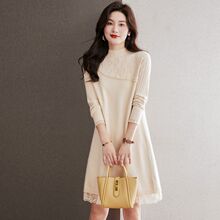 针织连衣裙女秋冬新款中长款小个子宽松蕾丝拼接毛衣打底裙时尚