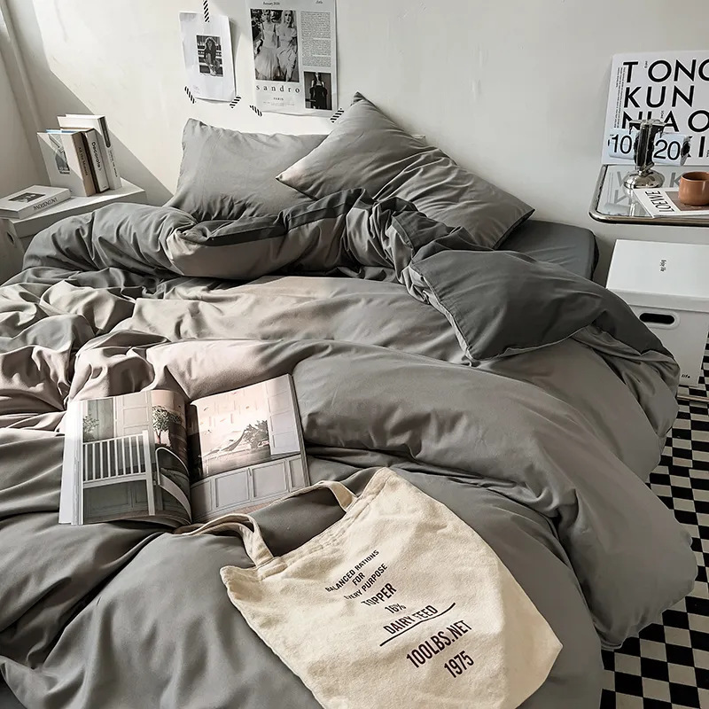 Nordic-style high-grade bedspread double smog gray quilt cover four-piece bedding bed sheet dormitory bed three-piece set