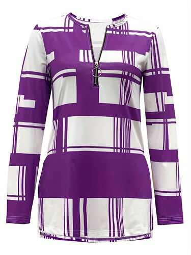 Women's Stylish Purple and White Patchwork Zip-Up T-Shirt
