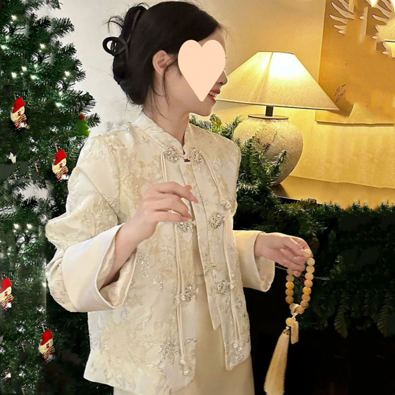 大码胖新中式国风唐装女轻奢高级感盘扣外套缎面裙两件套200斤|undefined