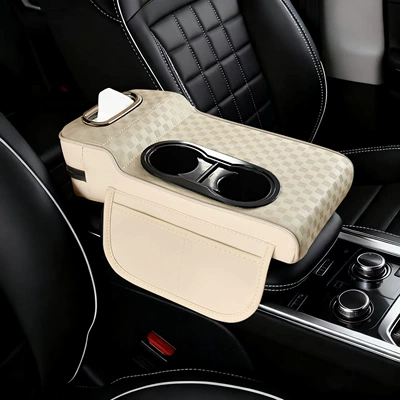 Armrest box pad Protective Cover Universal Double Cup - high-and-low-water-cup-models-embossed-ivory-white
