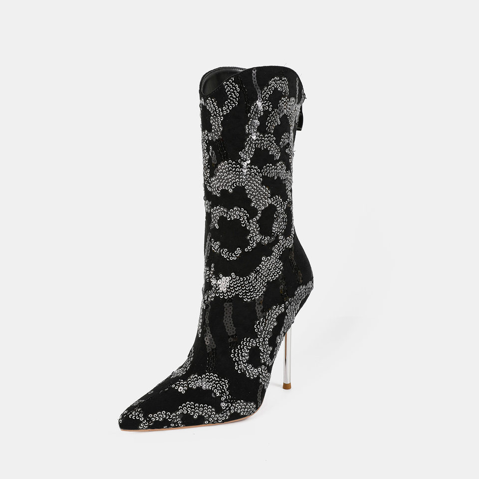 Bốt nữ ngắn cổ trung mũi nhọn họa tiết sequin phối denim, gót cao, khóa kéo sau — màu đen chi tiết 5