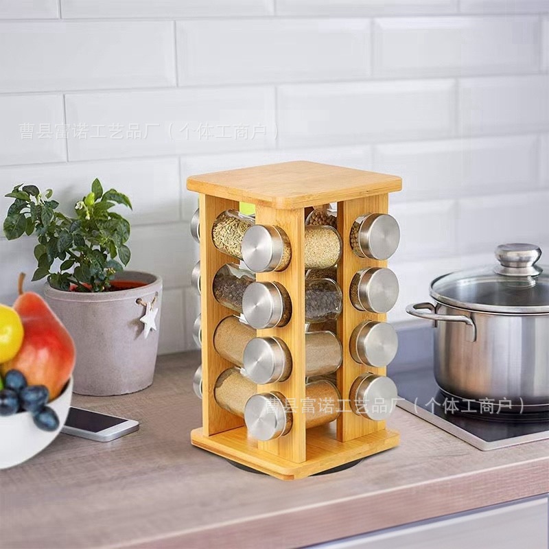 Cross-border bamboo household kitchen countertop rotatable multi-layer seasoning bottle storage rack separate seasoning storage rack