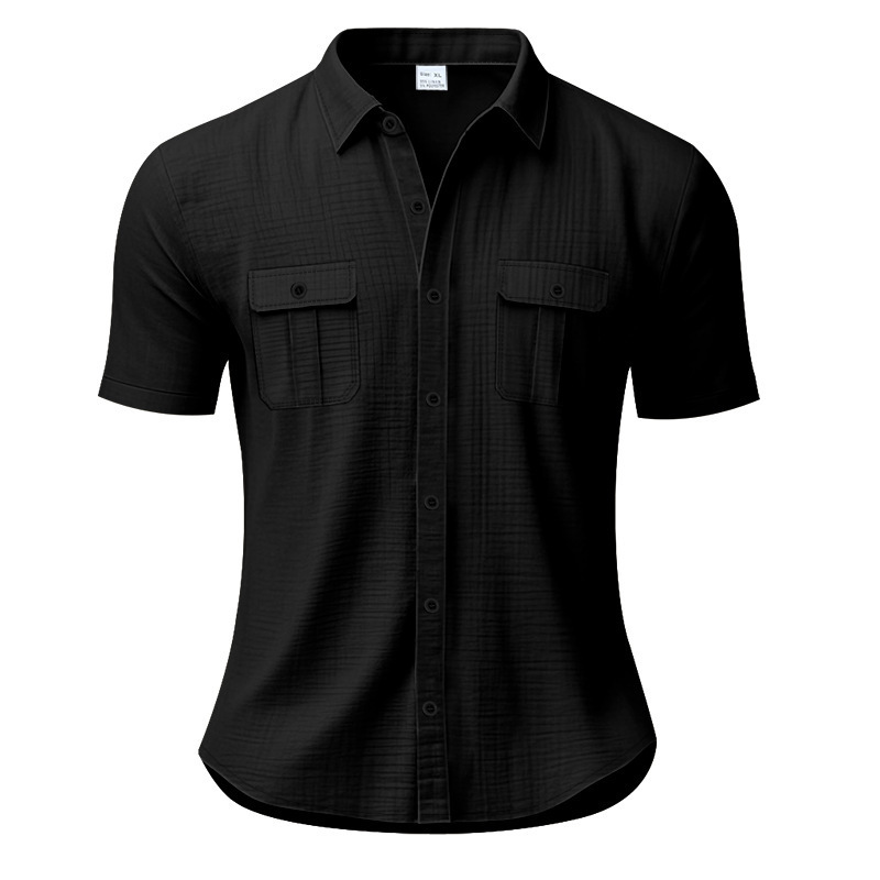 Transfronterizo Europa y América Amazon 26 camisa de verano de hombre de manga corta bolsas de color sólido Cardigan camisa de lino con solapa suelta