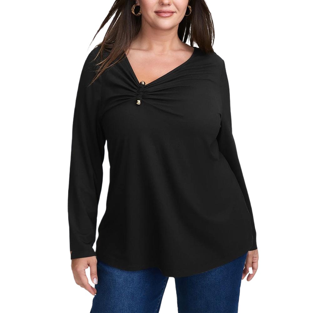 Women’s Plus Size V-Neck Long Sleeve Button Ruched Top T-Shirt
