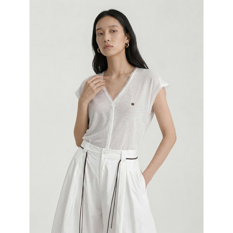 [Special Offer, No Refunds or Exchanges] Original Price 99 Yuan Tencel Linen V-Neck Small Flutter Sleeve T-Shirt Mesh Slim Fit Top 258715