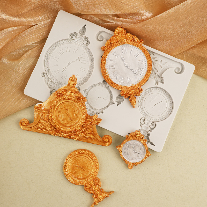 Reloj en relieve retro de estilo europeo, forma de reloj de péndulo, molde de silicona, reloj de bolsillo, chocolate, fondant, molde decorativo, piedra, plástico, pegamento