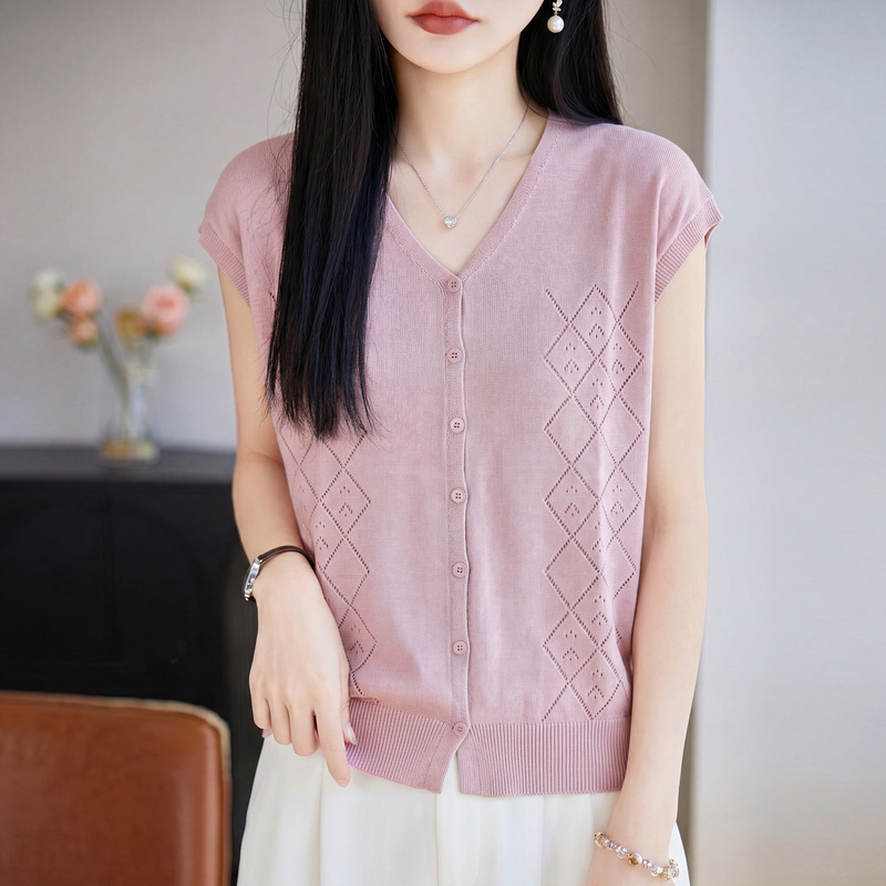 French-Style V-Neck Hollow-Out Knit Short-Sleeve Cardigan Women's T-Shirt, Summer Thin Slim-Fit Flutter Sleeve Cool T-Shirt, Ultra-Light Breathable Top French-Style V-Neck Hollow-Out Knit Short-Sleeve Cardigan Women's T-Shirt, Summer Thin Slim-Fit Flutter Sleeve Cool T-Shirt, Ultra-Light Breathable Top