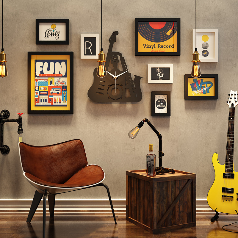 Polymer 7461 Free Shipping Retro Photo Wall Bar Decorative Painting Shop Photo Frame Combination Can Change Photo Real Clock