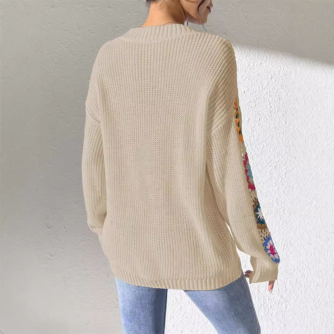 Suéter de otoño y invierno nuevo estilo de ropa de mujer europea y americana suéter de gancho de mano flor empalme suéter de cuello en V Amazon explosión