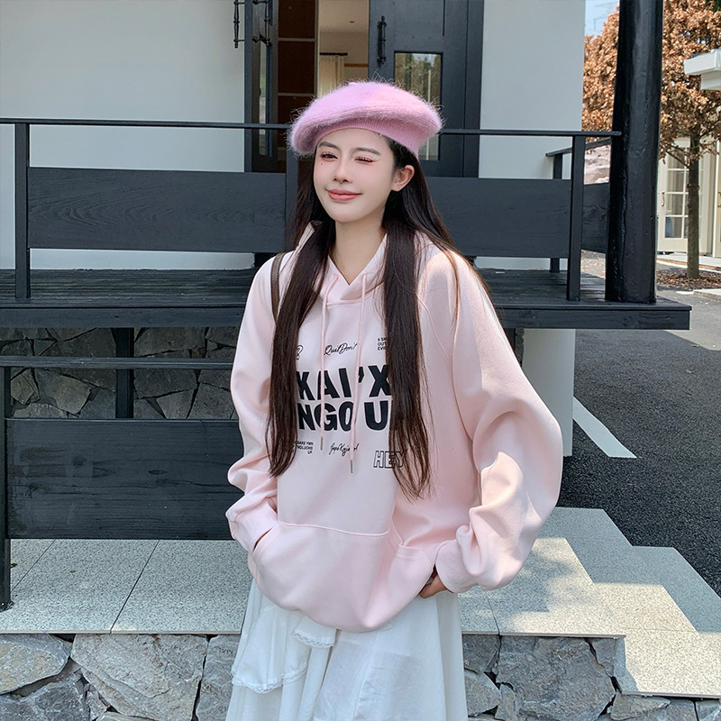 温柔甜美浪漫氛围感卫衣粉色字母印花宽松型连帽卫衣 加绒加厚女|undefined