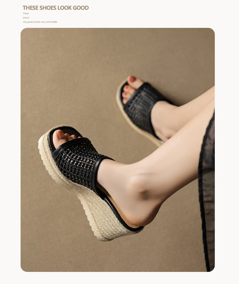 Sandal cao gót nữ mũi vuông đế rơm gót 10 cm — màu đen, màu trắng chi tiết 11