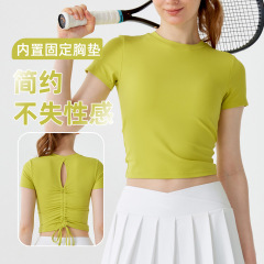 春夏瑜伽服上衣女設計感帶胸墊抽繩t恤透氣戶外跑步運動健身短袖