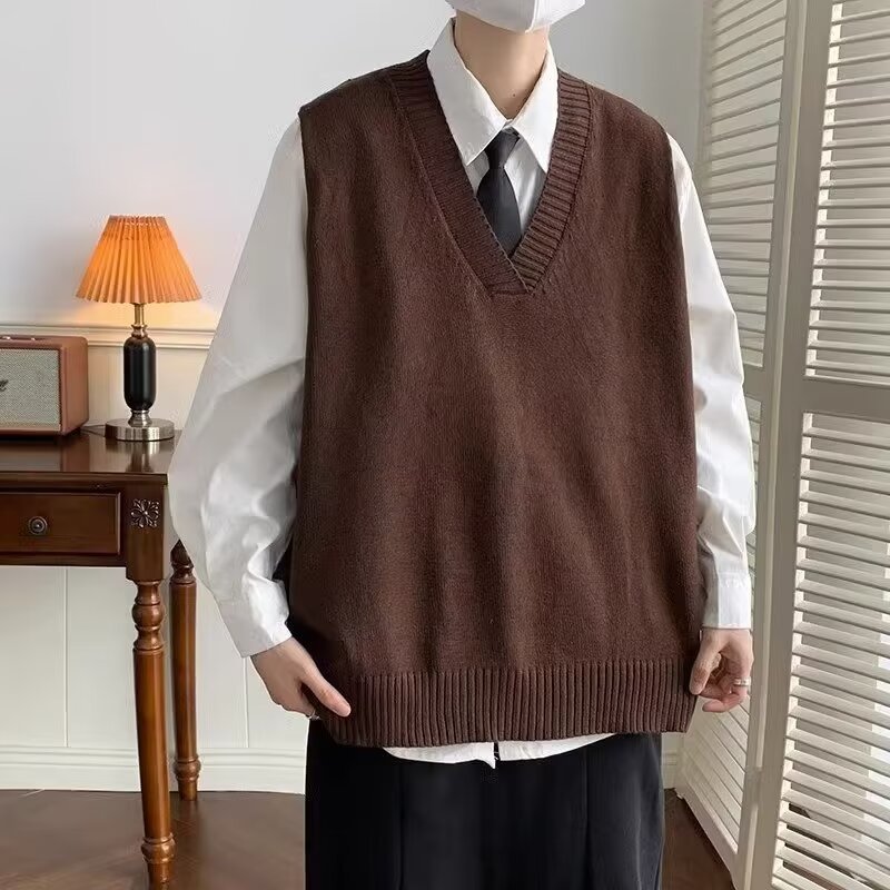 V-Neck Sweater Japanese Lazy Retro Boys Knitted Vest Autumn And Winter Thickened Loose Hong Kong Style Waistcoat