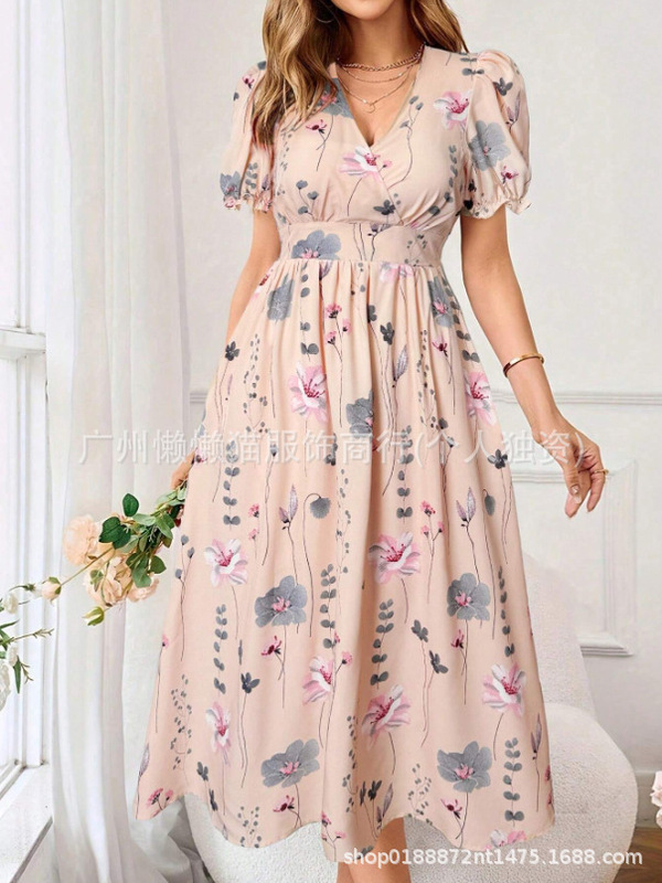 2025 夏ヨーロッパとアメリカの貿易クロスボーダー婦人服アマゾン人気のラウンドネック花びら袖半袖ミドル丈プリントドレス|undefined