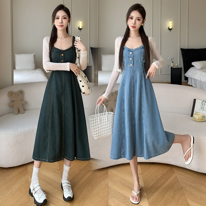 Real Shot Spring Women's Denim Strap Skirt Korean-style High Waist Single-breasted Long Vintage Slim-fit Dress Real Shot Spring Women's Denim Strap Skirt Korean-style High Waist Single-breasted Long Vintage Slim-fit Dress