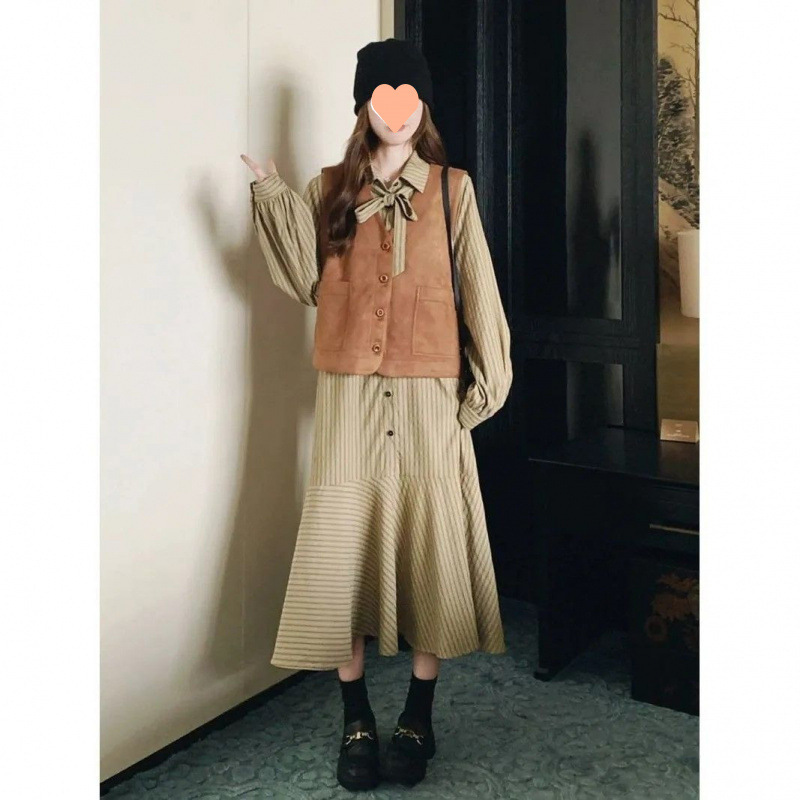 开春穿搭一整套2025春季新款长袖条纹衬衫连衣裙套装女马甲两件套|undefined