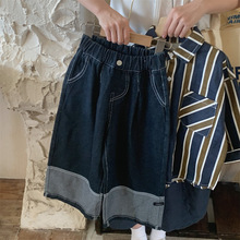 蒙田儿童牛仔裤2025春秋季韩版新品男女童阔腿牛仔裤宝宝拼接长裤