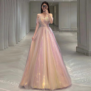 French Bridal One-Shoulder Toast Dress Mesh Host Shiny Slimming Look Annual Party Banquet Evening Dress Super Fairy