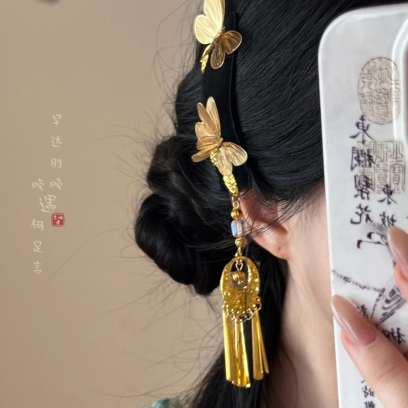 金色蝴蝶流苏发夹女新中式复古高级感夹子古风国风刘海侧边夹发饰|undefined