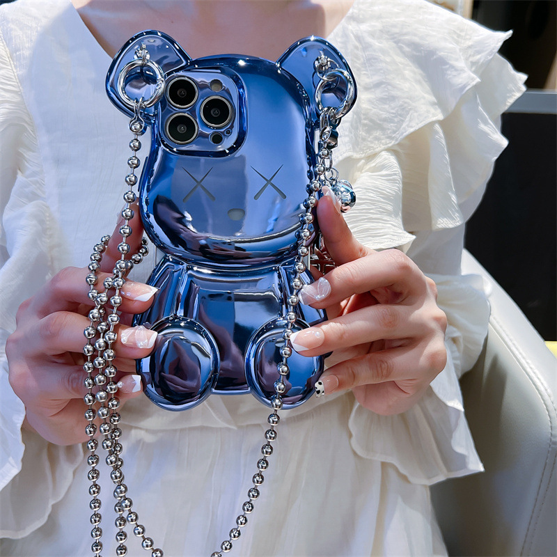 Chao brand electroplated violent bear suitable for iPhone 15 promax phone case Apple 14 pendant crossbody rope 13 women_voghion.com