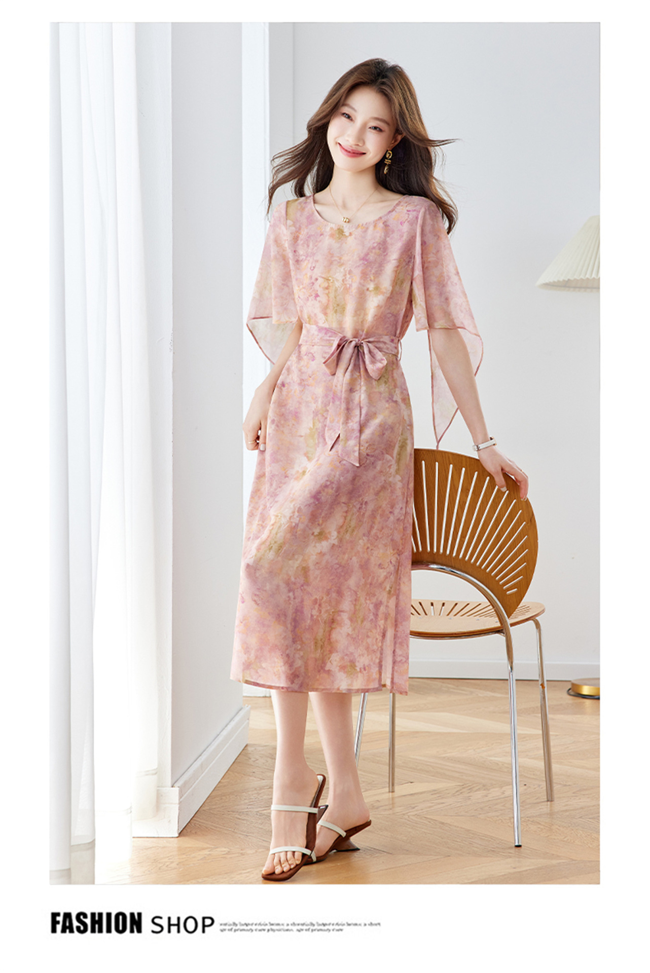 Đầm maxi nữ thắt eo in họa tiết hoa tay ngắn dáng suông che khuyết điểm — xanh lam, Màu hồng chi tiết 16