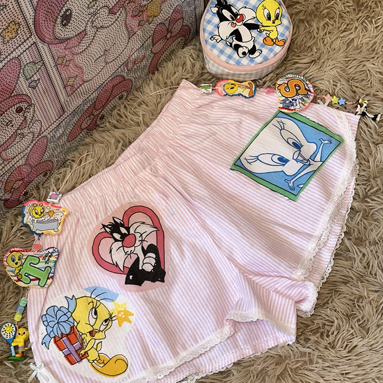 夏に外出できる女性用のピンクのレースステッチストライプパジャマ、ゆったりとしたウォーキングショーツ、大きいサイズのホームパンツ|undefined