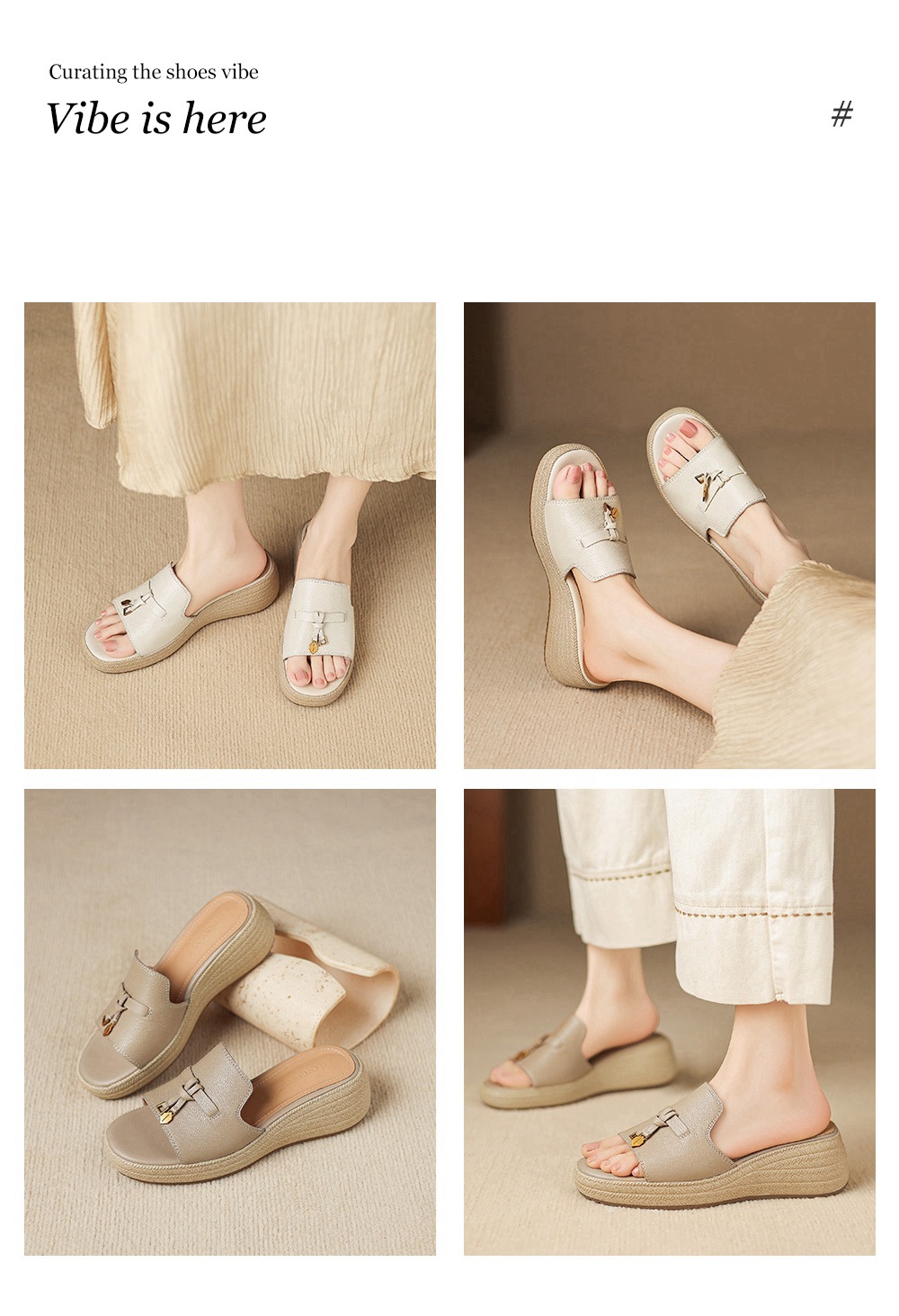 Dép sandal nữ xỏ ngón đế bệt da dê đế dày mùa hè — màu trắng ngà chi tiết 4