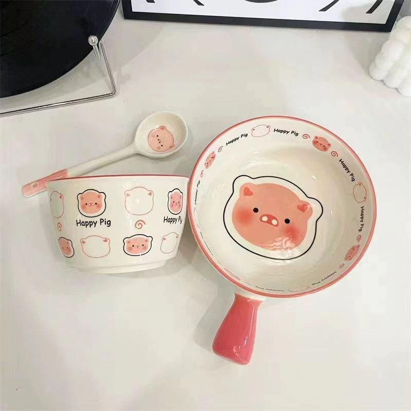 Ceramic tableware set, cute pig design, bowls and spoons, multiple set configurations