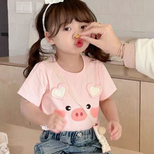 2025炸街女小童T恤女宝夏装可爱小猪短袖T恤儿童休闲洋气粉色上衣