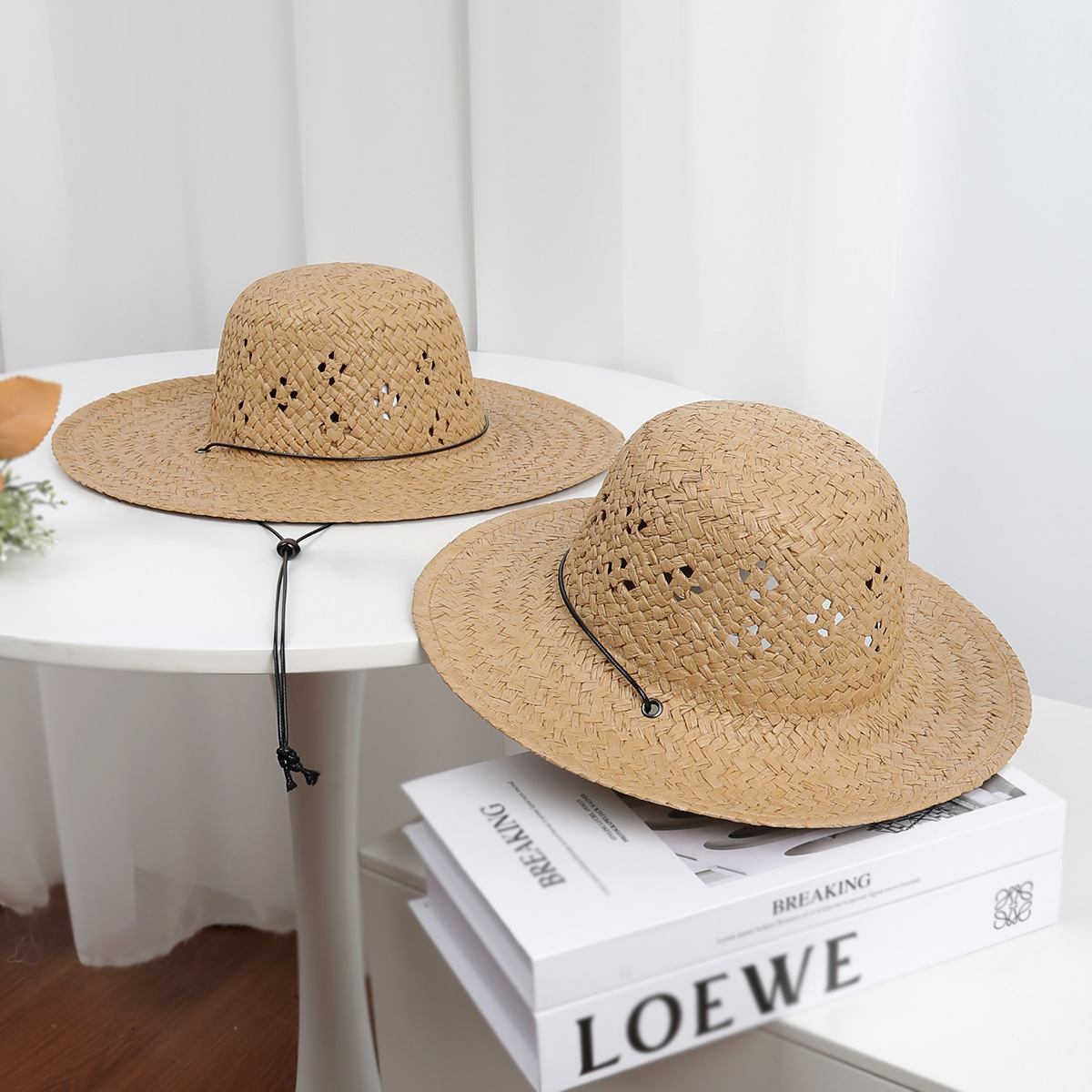 Sombrero de Paja Infantil para Sol de Tejido de Paja, Calado con Cordón para Playa image 3