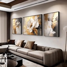 侘寂风牡丹客厅装饰画金箔肌理感沙发背景墙挂画轻奢高档三联壁画
